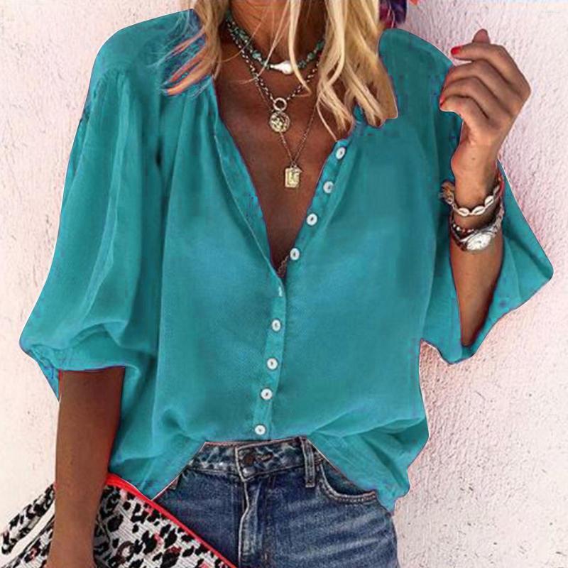 

Women' Blouses Summer Womens Tops And Fashion Puff Sleeve Loose Elegant V Neck Shirt Oversized Casual Women Clothing Blusa, Red