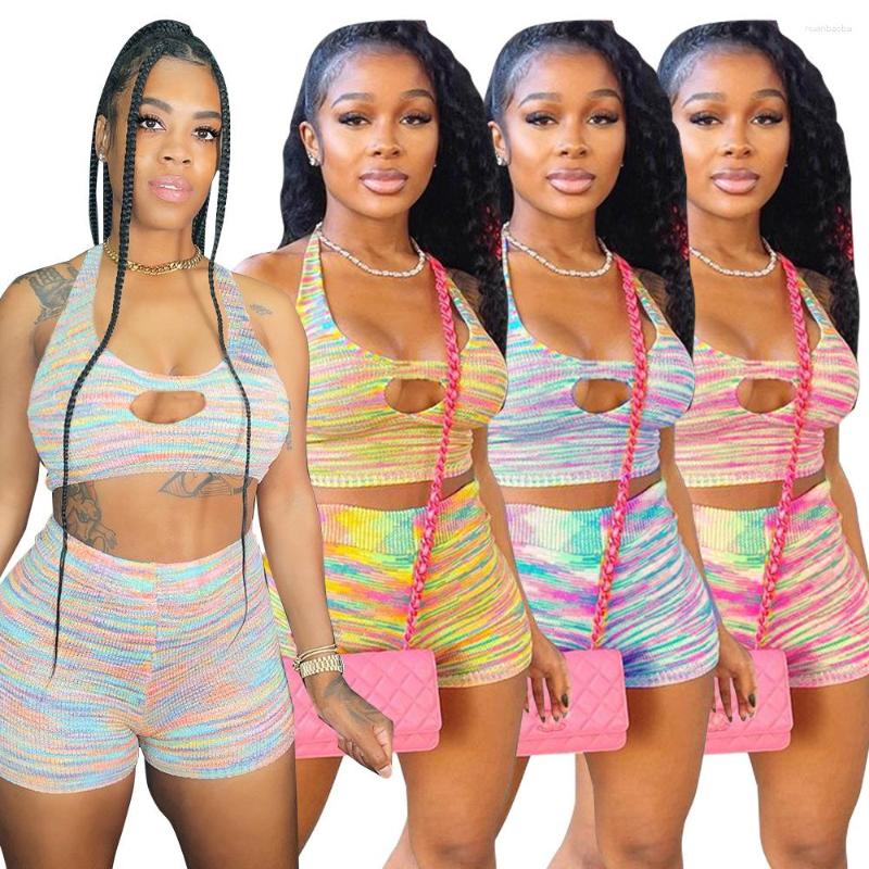 

Women' Tracksuits MOOVOOK 2023 Summer Women' Fashion Rainbow Thread Print Vest Sexy Chest Hollow-out Midriff Comfortable Shorts, Rainbow pink