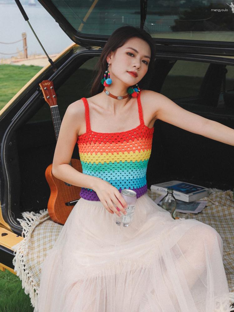 

Women's Tanks Women Holiday Rainbow Sling Vest Color Block Tank Top Sleeveless Sweet Bohemian 2023 Spring Summer M525, Claret