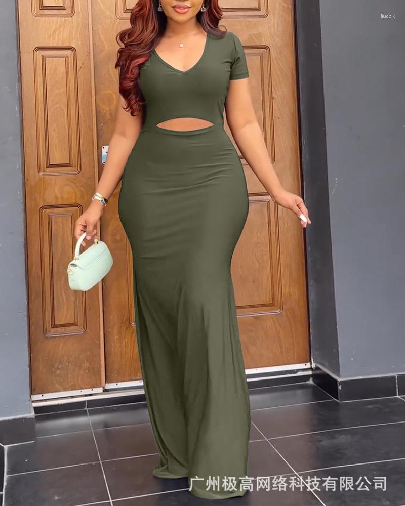 

Casual Dresses Short Sleeve Cutout Mermaid Maxi Dress Women Long Sheath Spring Summer Hollow Out Solid Color Floor Length, Black