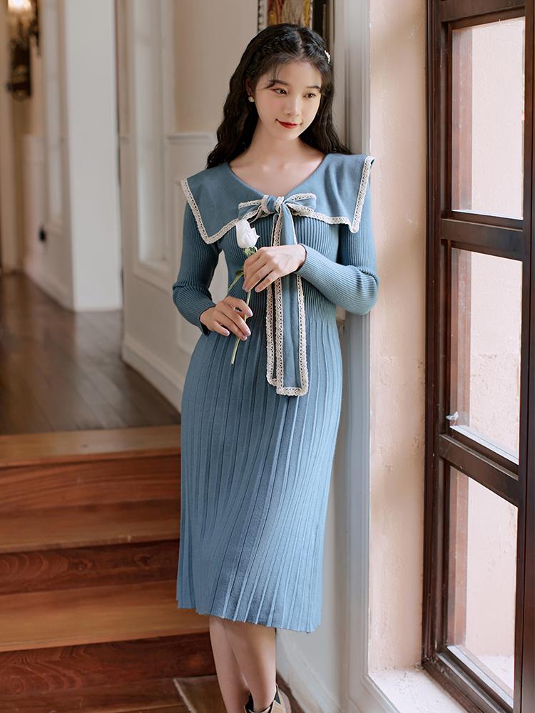 

Casual Dresses Elegant Women Stand Collar Slim Waist Solid Blue Knitted Vestido Autumn Long Sleeve Party Dress Fashion Fall Lady, Photo color