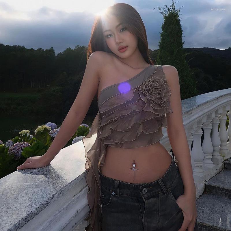 

Women' Tanks European And American Ins Small Crowd Design Sense Summer Flower Ruffle Diagonal Shoulder Strap Casual Girl Vest, Red