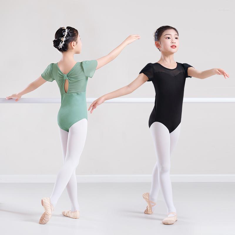 

Stage Wear Ballet Leotards For Girls Child Dance Short Sleeve Gymnastic Bodysuits Cotton Costumes, Black