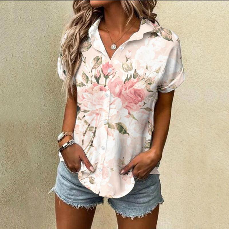 

Women' Blouses Womens Spring Summer Flower Printed Short Sleeve V Neck Shirt Top Lapel Tunics Blusas Chemise Femme Holiday All, Pink