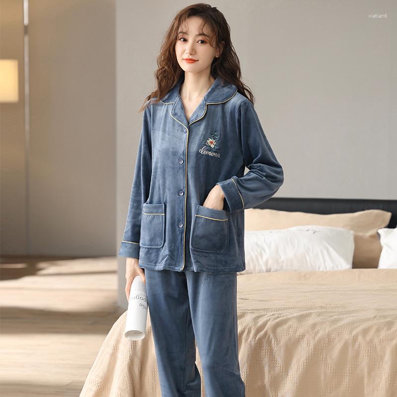

Women's Sleepwear Autumn Winter Women Pajama Set Ruffled Warm Coral Flannel Solid Female Thick Turn-down Collar Nightwear, 590b