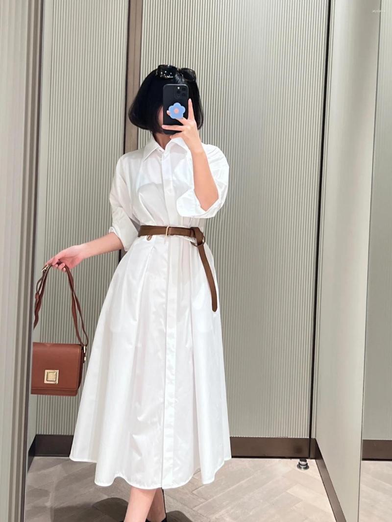 

Casual Dresses Women Midi Dress Belt Turn-down Collar Single Breasted Loose Shirt Robe, White