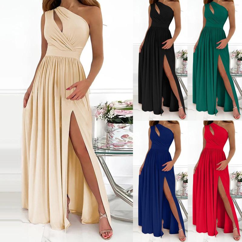 

Casual Dresses Summer Sleeveless Draped Lady Party Dress Sexy Skew Collar Hollow Out Long Women Spring One Shoulder High Slit Maxi, Red