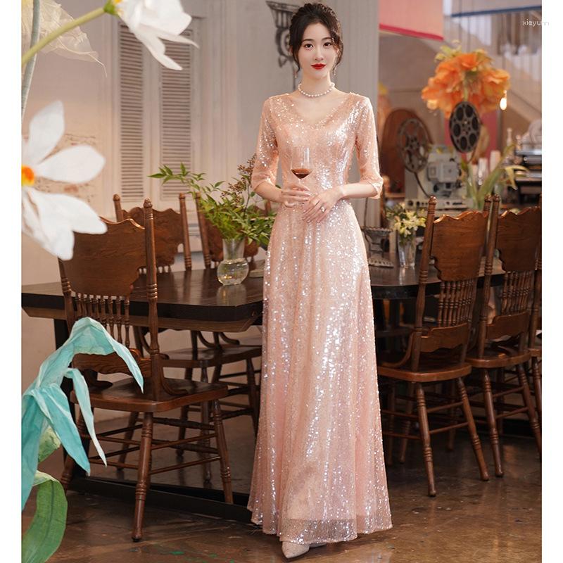 

Ethnic Clothing Sexy V-Neck Sequins Half Sleeve Back Zipper A-Line Evening Dresses Women Formal Party Gown Vestidos