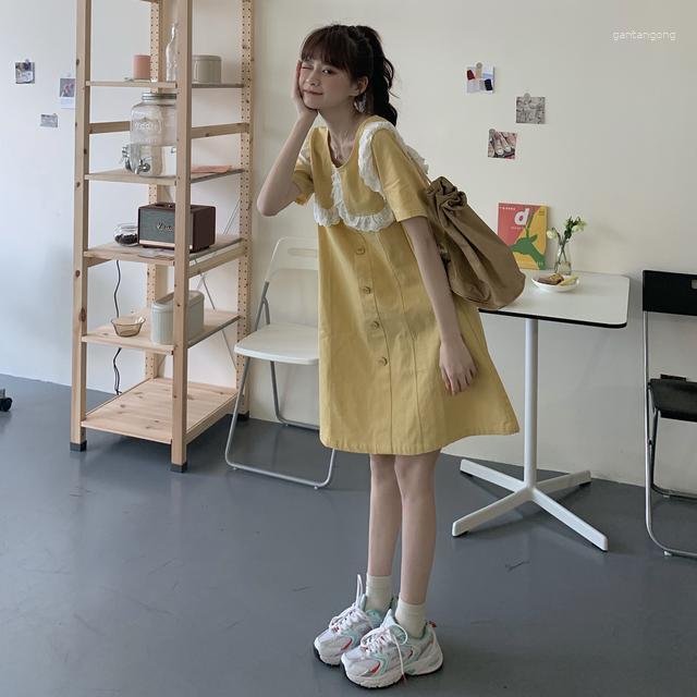 

Casual Dresses For Women Summer Lace Lapel Light Yellow Short Sleeve Dress Women's Skirt Vestido De Mujer Femme Robe, 933
