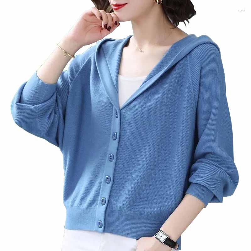 

Women's Knits 2023 Fashion Women Knitted Top Cardigan Coat Hooded Sweaters V-Neck Single-Breasted Bat-Sleeve Solid Loose Short Jackets JH80, Blue