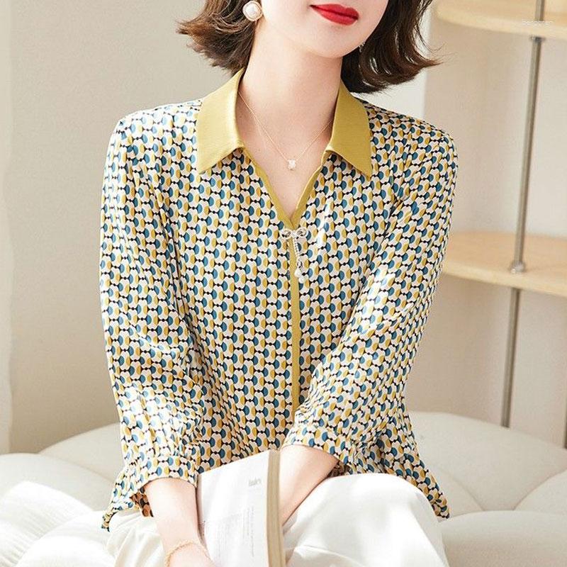 

Women's Blouses Commute Turn-down Collar Shirt Fashion Plaid Printed Women's Clothing Casual Loose Spliced 2023 Spring Summer 3/4 Sleeve, Yellow
