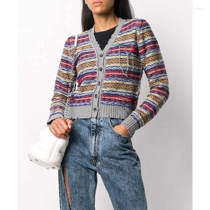 

Women' Knits Autumn Winter 11.7 Fashion Vintage Contrast Color Patchwork Striped Knitwear Women Casual Short Wool Knit Cardigan Sweater, Picture shown
