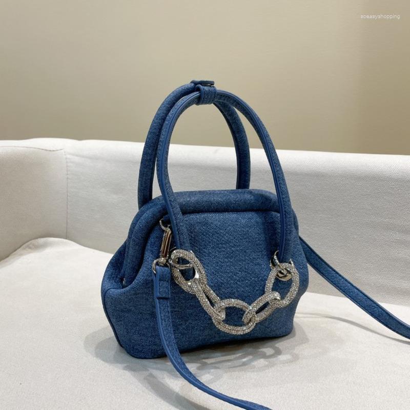 

Evening Bags Rhinestone Chain Denim Canvas Handbags Women's Bag 2023 Korean Shopping Mobile Shoulder Crossbody BagsTide, Blue