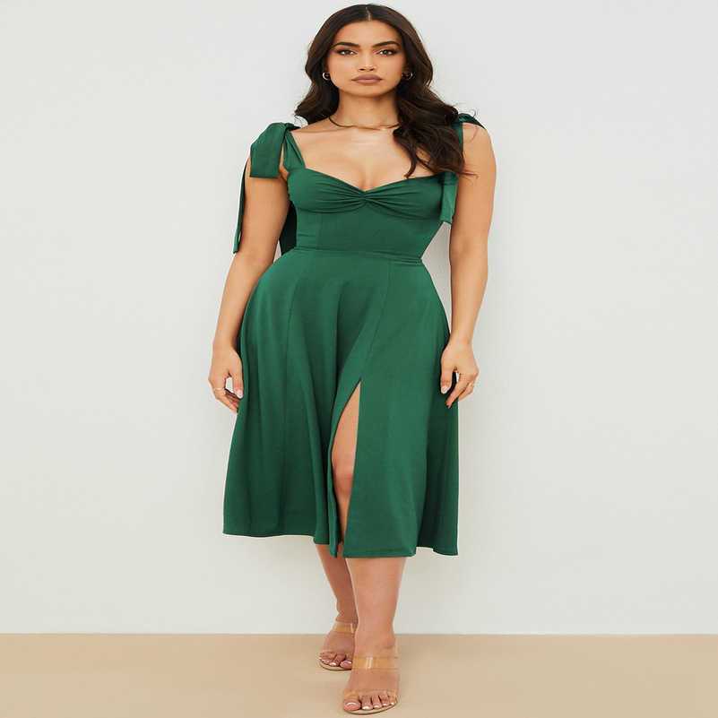 

House of cb Sexy Strap Print Lace Up Irregular A-line Dress - With Liningdress women clothes, Bean green