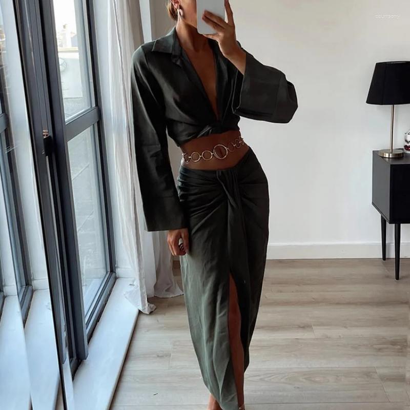 

Skirts 2023 Casual Sets Vintage Office Lady Solid Women Suits Long Sleeve Bow Shirts Tops Side Split Pleated Fashion, Green
