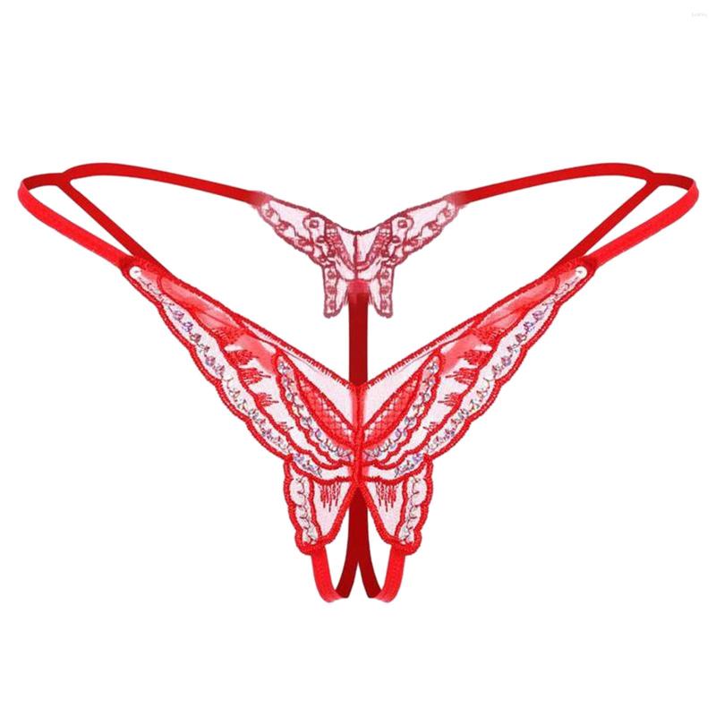 

Women's Panties Open Crotch Sexy Lace Butterfly Women's Low Waist Hollow Thong G String Transparent Underwear Crotchless Pearl Underpant, Rd