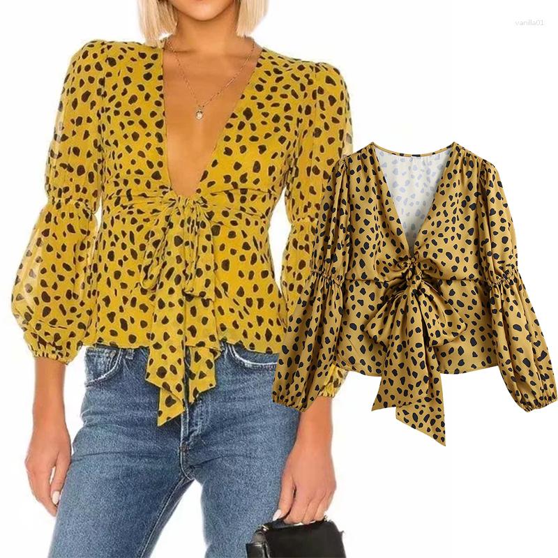 

Women's Blouses ZA 2023 Fashion Women Bowknot Lace Up Leopard Chiffon Shirt V-Neck Long Sleeve Casual Loose Top Sexy