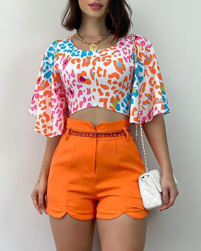 

Women' Tracksuits Two Piece Sets Womens Outifits 2023 Summer Fashion Leopard Print Bell Sleeve Round Neck Crop Top & Casual Above Knee