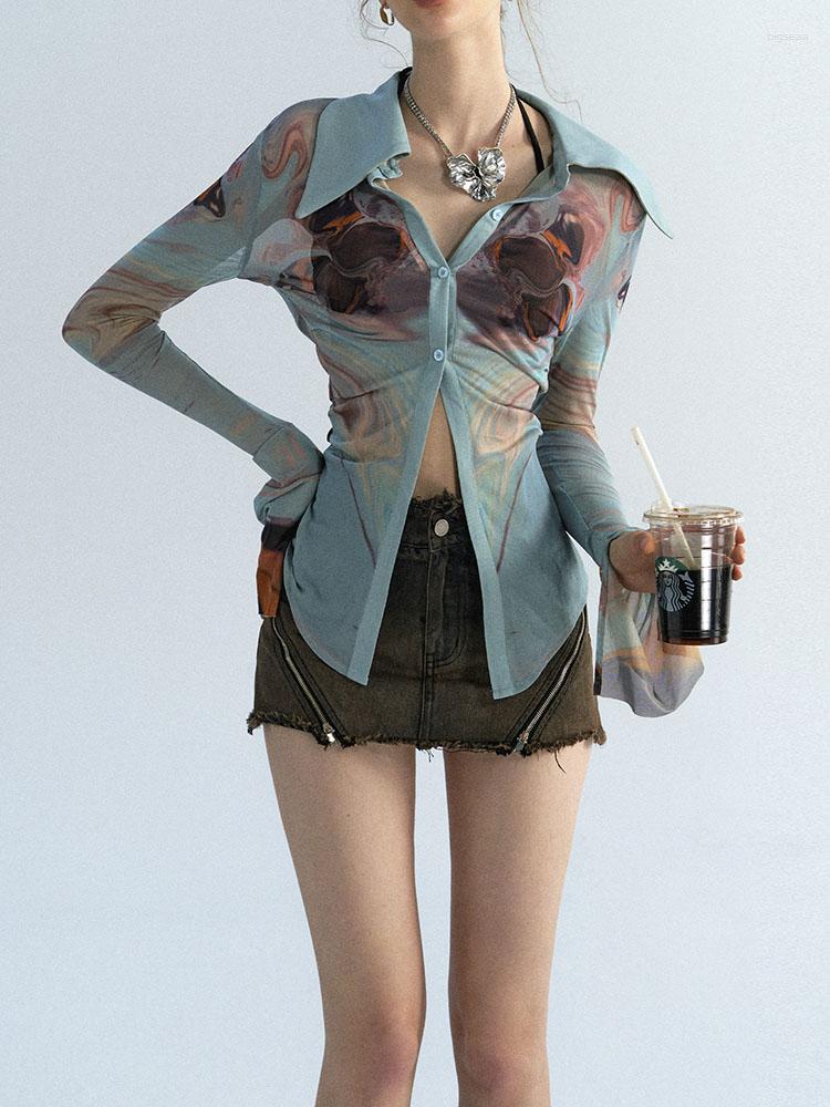 

Women' Blouses Tie-dye Shirt Women Long Sleeve Crop Top Button Blouse Tops Spring Summer Y2k Shirts 2023, Green