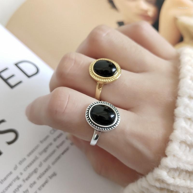 

Cluster Rings LouLeur 925 Sterling Silver Black Agate Gold Vintage Round Elegant Temperament Open For Women Fine Jewelry