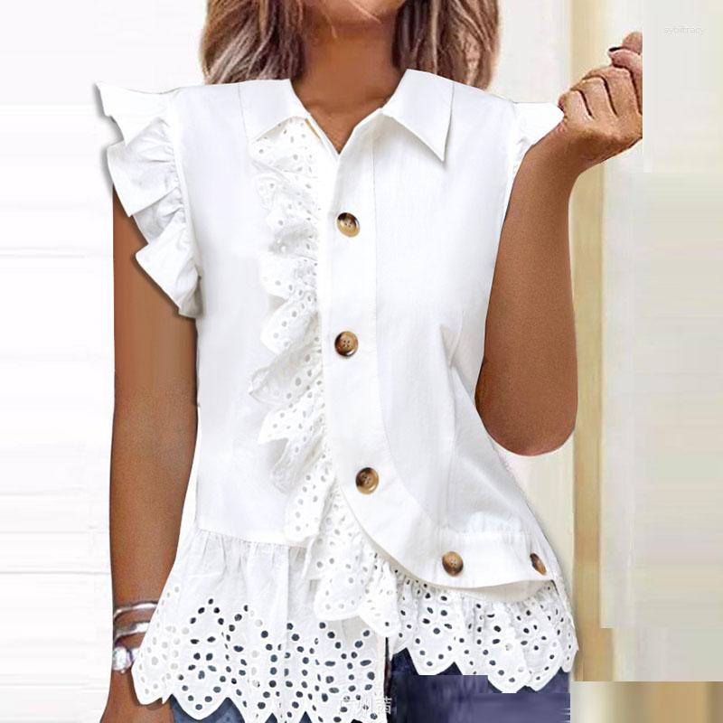

Women' Blouses Summer Fashion Short Sleeve Ruffle Tops Women Casual Solid Color Button Blouse Shirts Elegant Simple Loose Blusa Streetwear, 01