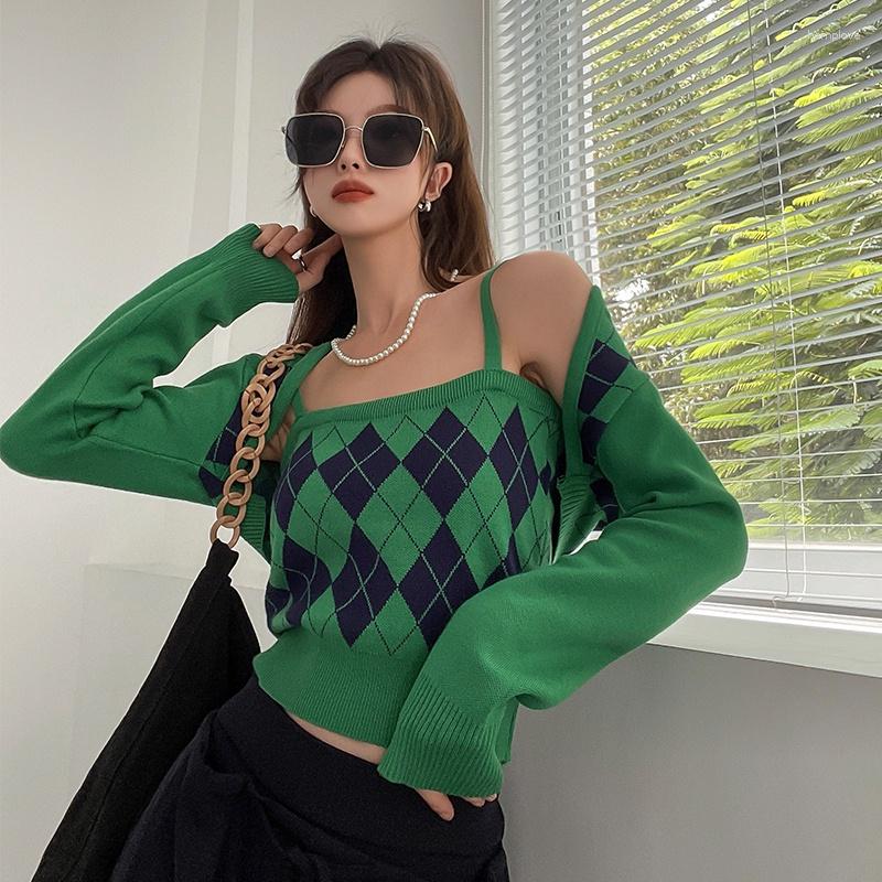 

Women's T Shirts Retro Diamond Camisole Two-piece Short Knitted Cardigan (order Separately), Black sling