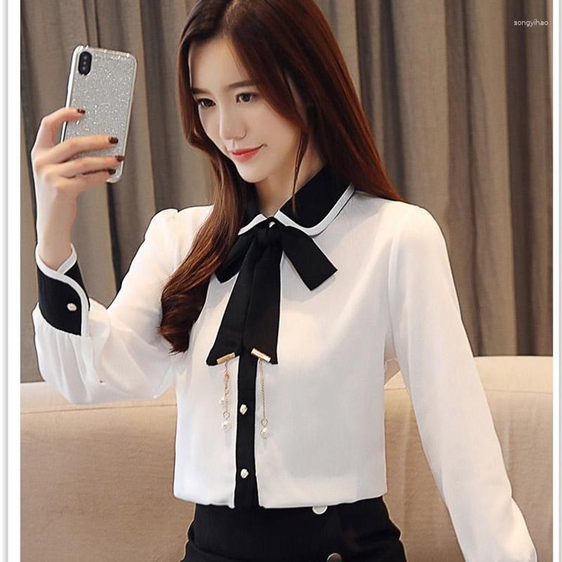 

Women' Blouses Women Spring Autumn Shirts Lady Casual Long Sleeve Turn-down Collar Bow Tie Decor Tops, Pink