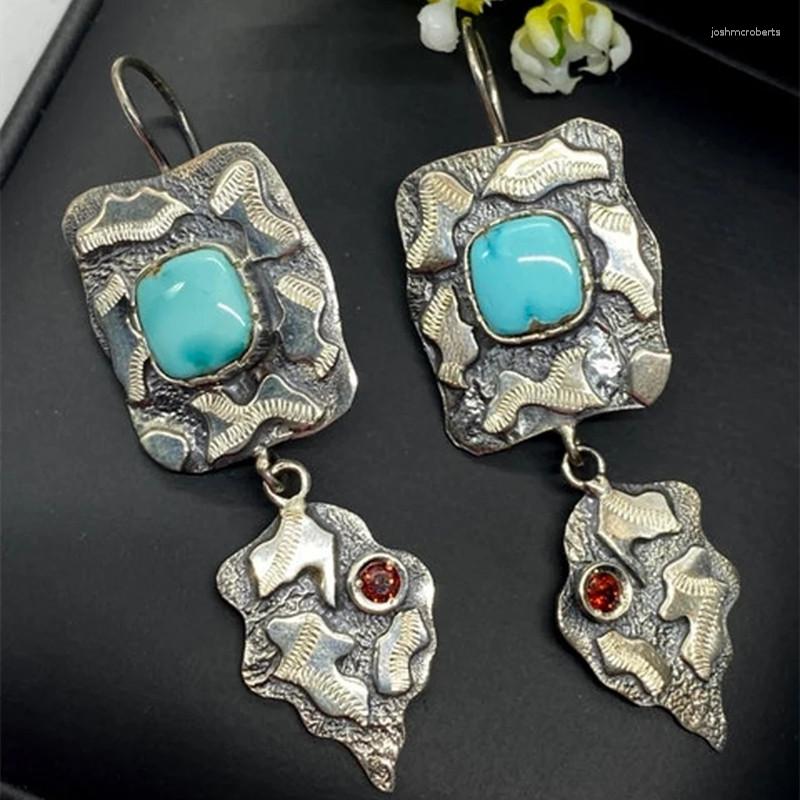 

Dangle Earrings Vintage Square Blue Green Stone Bohemian Ethnic Silver Color Metal Carving Pattern Inlaid Red Stones