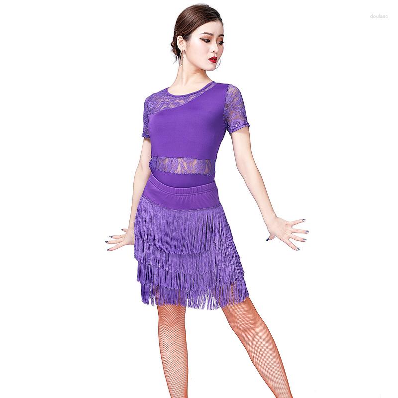 

Stage Wear Latin Dance Dresses Salsa Dress 2pcs Set Tops Skirt Tango Cha Performance Costumes, Purple