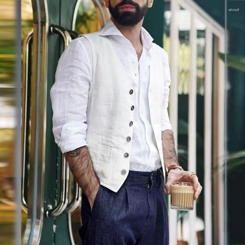 

Men' Vests Casual Cotton Linen Waistcoat Men Clothing Spring 2023 Fashion Summer All Match Solid Vest Top Mens Single Breasted Coat, 01 white