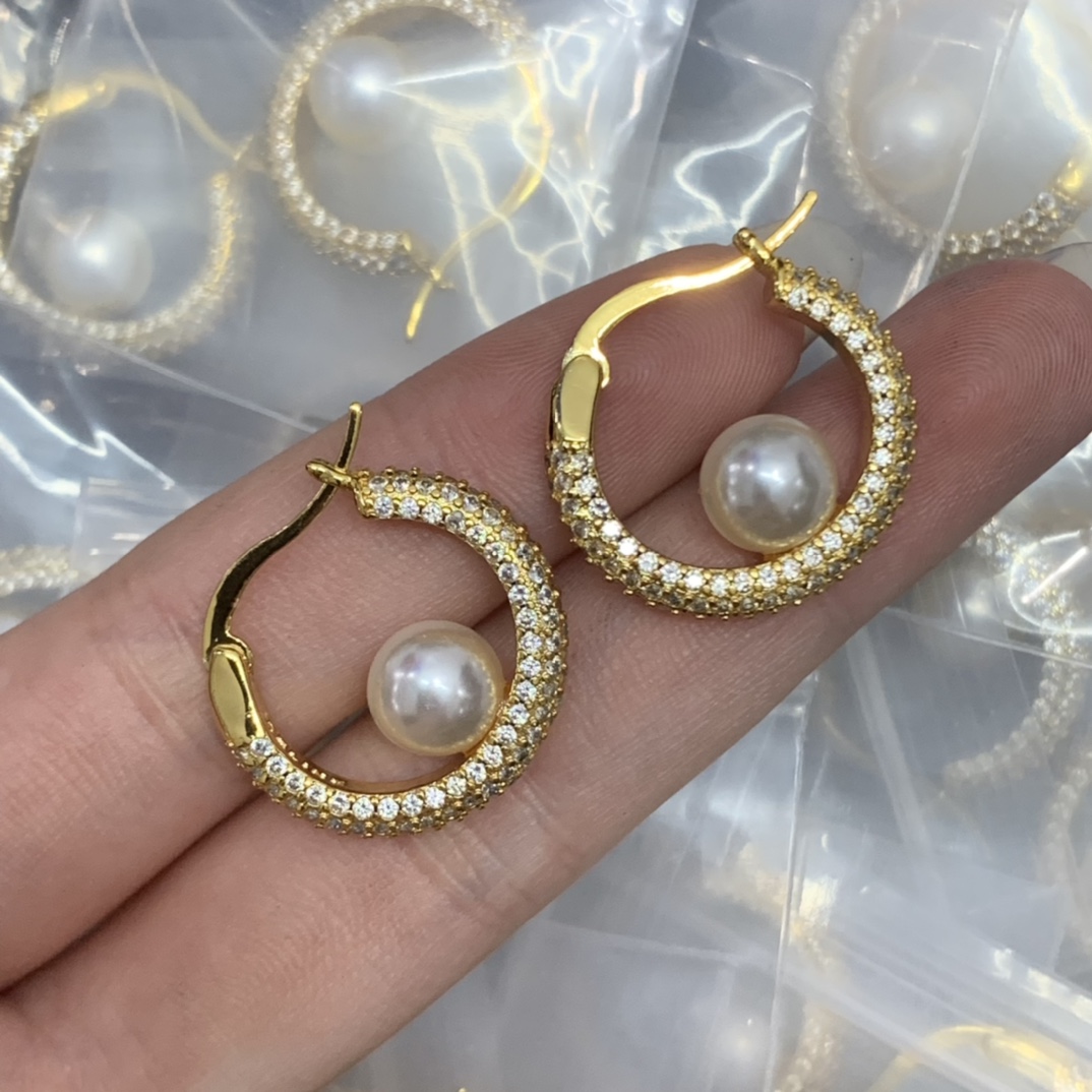 

New designed TRIOMPHE Arch pearl hoops EARRINGS diamonds BRASS WOMEN EAR STUDS Designer Jewelry CE LINE9011780