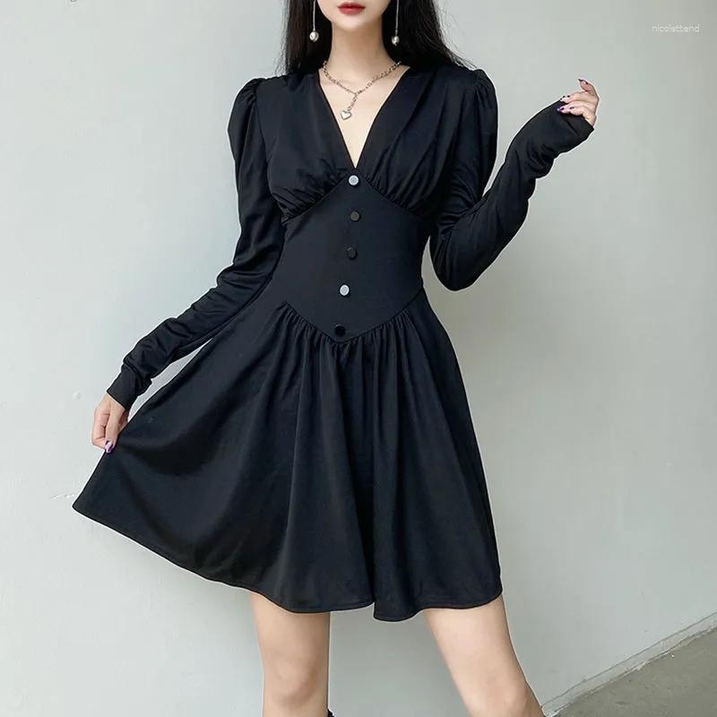 

Casual Dresses Fashion Temperament V-Neck Pleated Dress Women 2023 Summer Waist Slim Long Sleeve Solid Color Pengpeng Short Skirt Female, Black