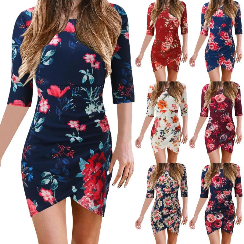

Casual Dresses 2023 Women'S Regular Hem Pleated Wrapped Hip 7/4 Sleeve Flower Printed Skirt Plus Size Slim, Blue