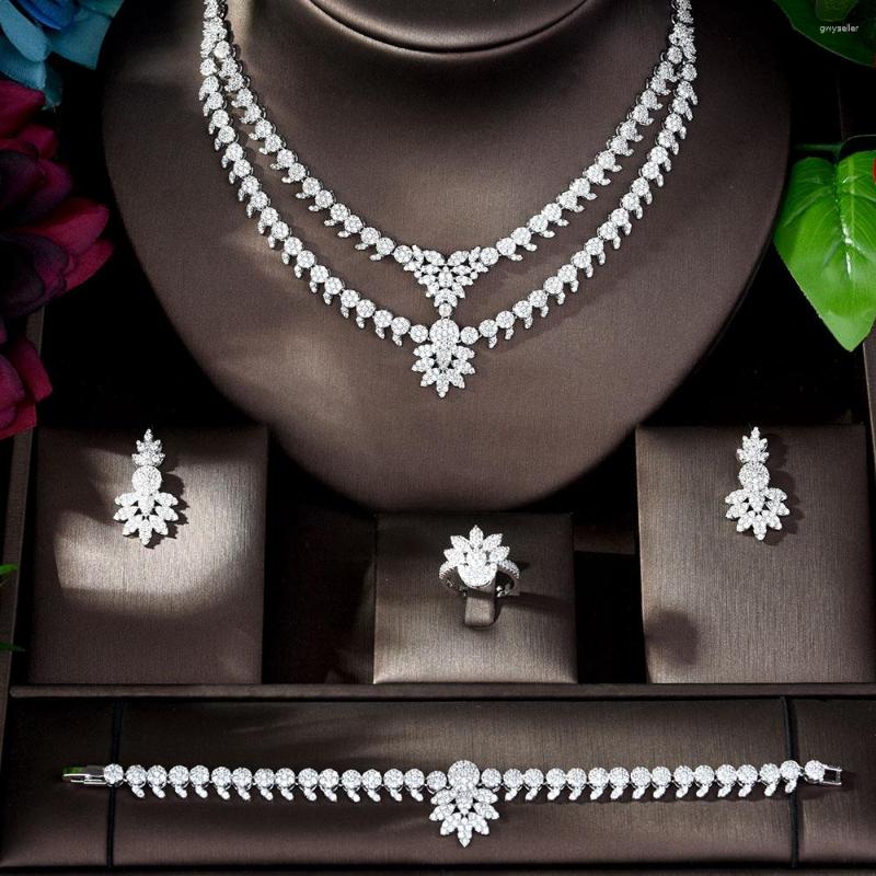 

Necklace Earrings Set Fashion Two Layer Earring Ring Bracelet 4PCS Micro CZ Jewelry For Women Wedding Accessories N-1197, Picture shown
