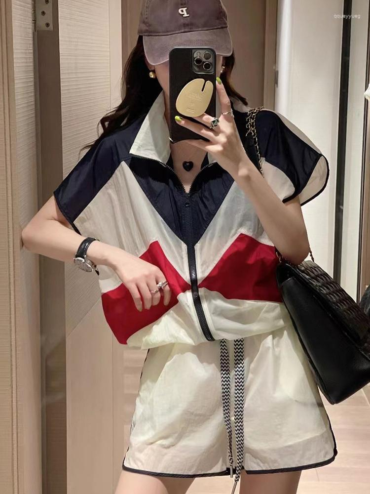 

Women's Tracksuits Thin Sunscreen Sports Suit Women 2023 Summer Color Matching Short Sleeved Cardigan Tops Lace Up Wide Leg Shorts Two Piece, 2 piece set