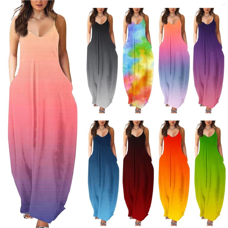 

Casual Dresses Women Summer Fashion Low Neck Sleeveless Print Long Dress V Loose For