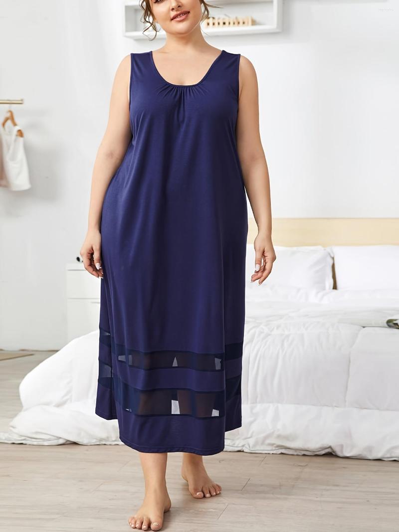 

Plus Size Dresses Contrast Mesh Ruched Front Sleeveless Tank Dress Women's Medium Stretch Solid Casual Maxi, Navy blue
