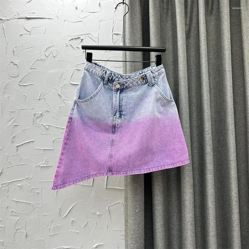 

Skirts Gradient Purple Oblique Asymmetric Skirt 2023 Summer A- Line Denim High Street Girls Sexy Jeans Mini Woman, Blue