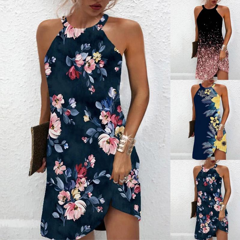 

Casual Dresses Round Neck Pullover Sleeveless Printed Dress For Women, Blue