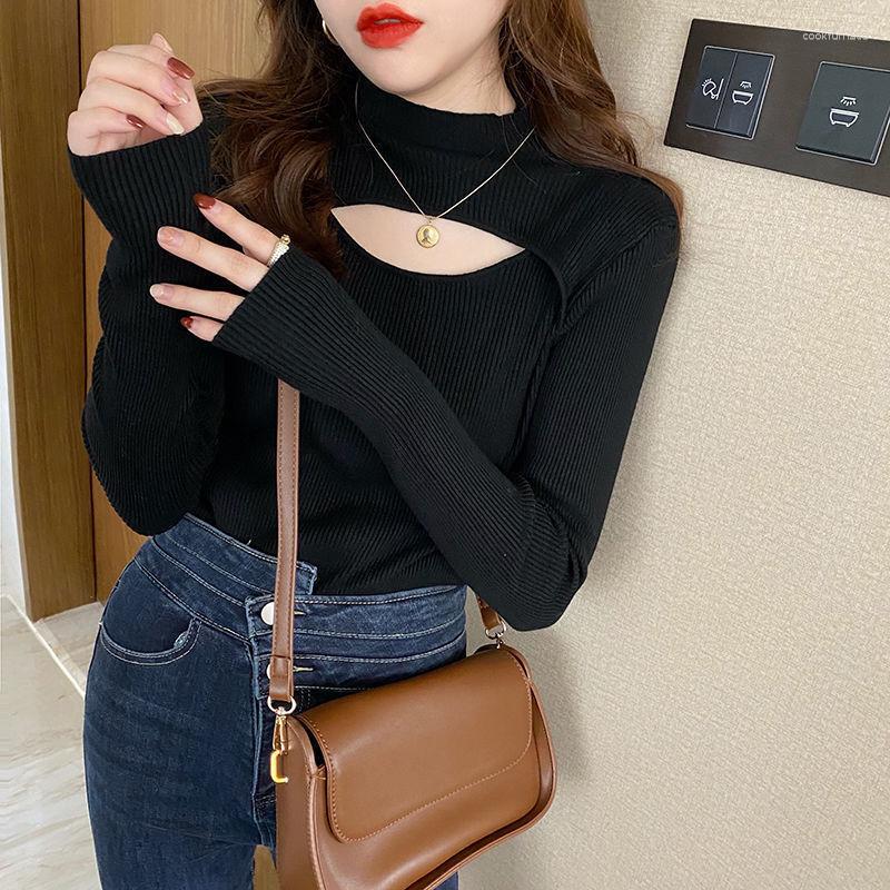 

Women's Sweaters Sexy Hollow Out Solid Sweater Women 2023 Spring Autumn Clothes Slim Turtleneck Pullovers Woman Long Sleeve Korean Knitted, Black