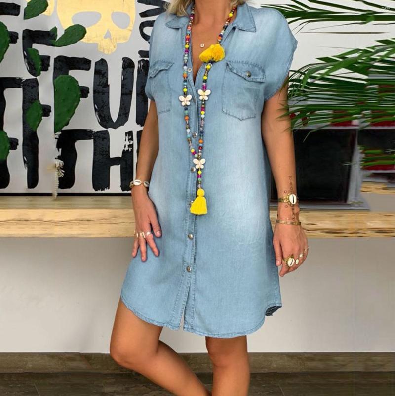 

Party Dresses Plus Size Woman Dress Women's Casual Turndown Neck Denim Summer Sleeveless Swing Vestidos Robe Femme, Blue