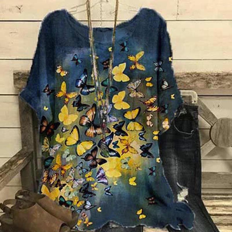 

Women's Blouses 40# Vintage Cotton-blend Butterfly Print Women Blouse O-neck Short Sleeve Top For Tunic Oversized Tops Roupas, Gy