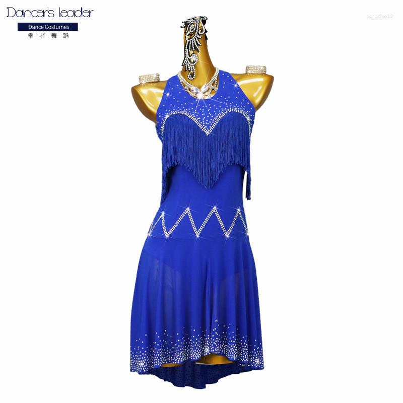 

Stage Wear Latin Dance Dress High End Customized Hand Drilled Straight Double Line Tassel Tango Women's Adult Professional, Blue