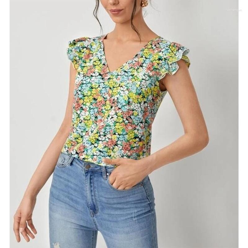 

Women's Blouses Summer Tops For Woman Sleeveless Floral TShirt Ruffle Tanks Tunic, Blue flower