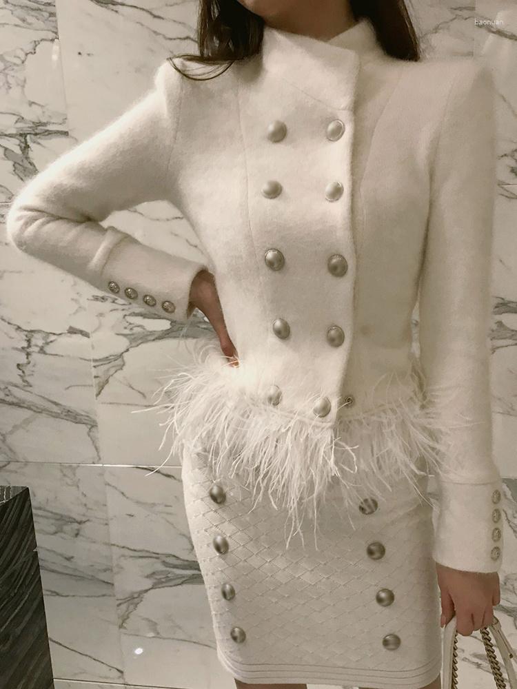 

Women' Jackets M GIRLS Temperament Patchwork Feather Coat For Women Stand Collar Long Sleeve Casual White Female Fashion Fall, Black