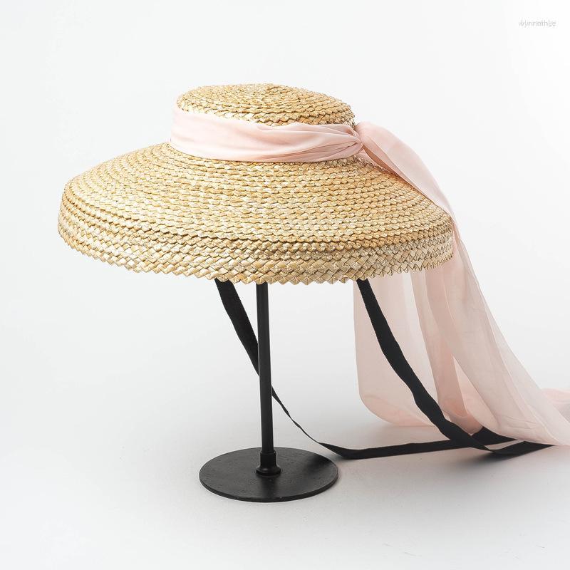 

Wide Brim Hats Large Flat Top Sun Straw Hat Fashionable Summer With Long Ribbon For Women Holiday Vintage Beach Visor Cap, Black