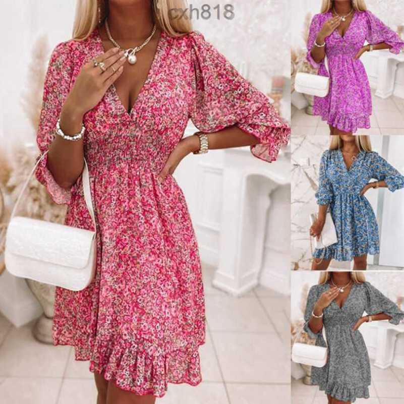 

2022 Women's New Mid length Dress Waist Pullover Bohemian Printed Short Sleeve Fragmented Flower Dress women clothes, Grey