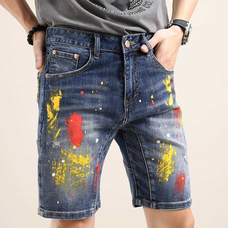 

Designer Jeans Mens Jeans Men's Shorts Brushed Painted American High Street Re-stitching Seiko Jeans Denim Medium Pants, Blue