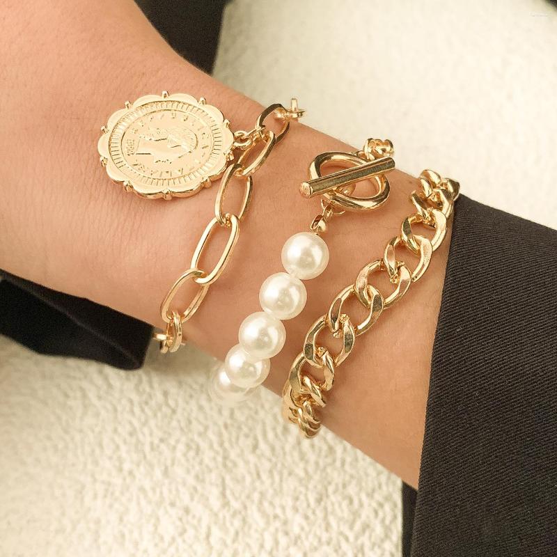 

Link Bracelets Vintage Portrait Engraved Pendant Bracelet Women's Boho Imitation Pearl Beaded Chain Charm Girl Romantic Jewelry