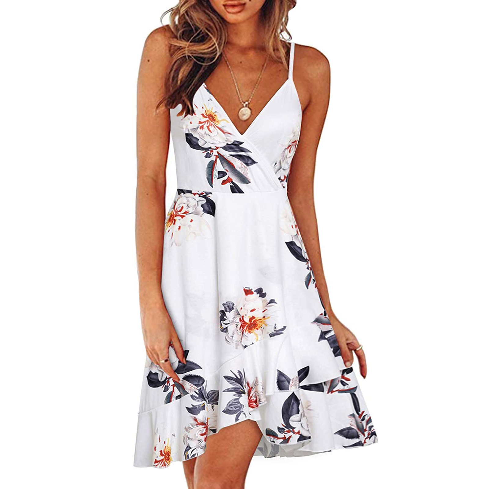 

2023 Summer Maxi Floral Print Sexy Beach Women's Dress Rayon Strap Sleeveless Woman's Casual Knee-Length Dresses BKD23004, Orange